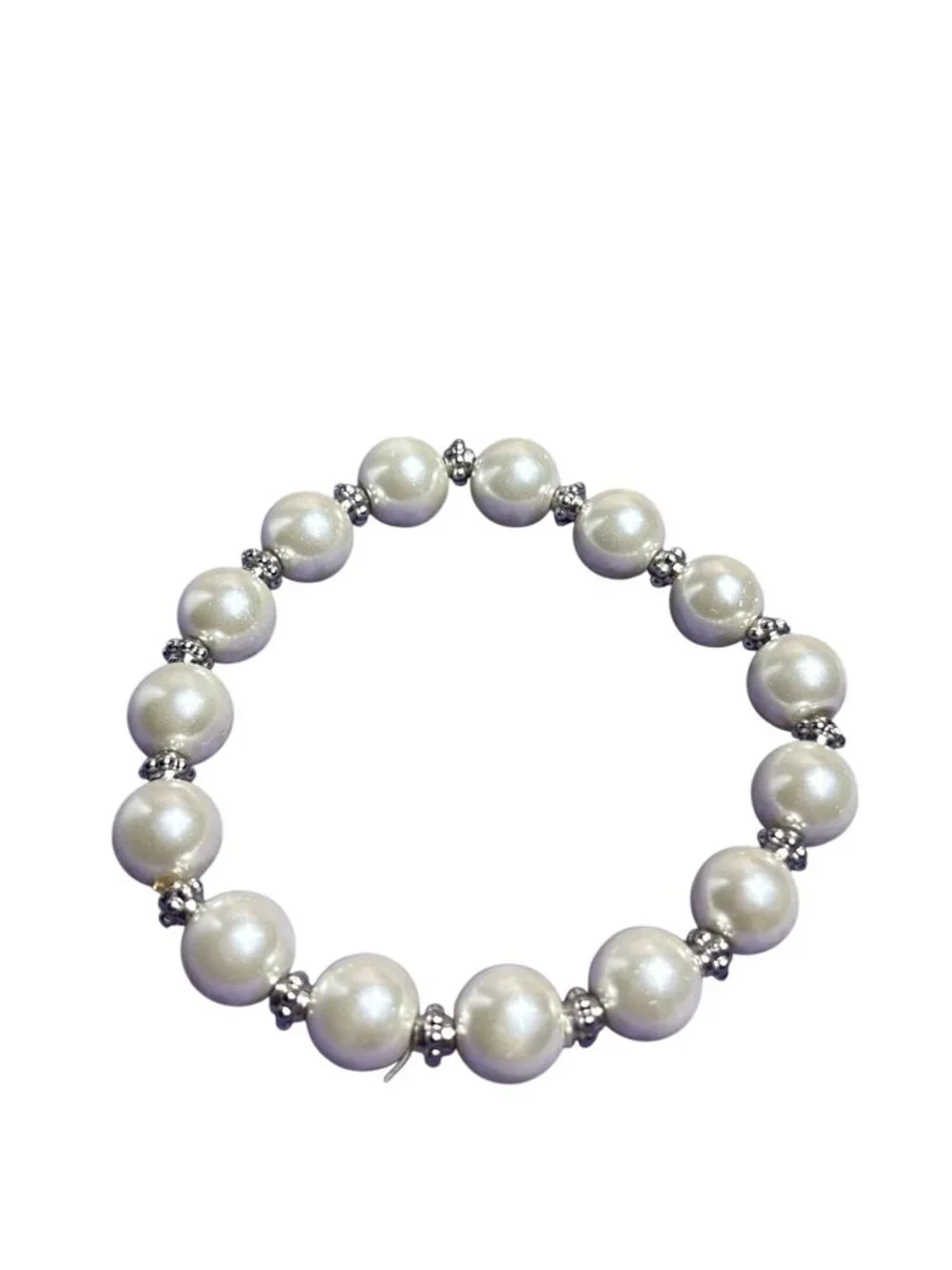 Glass Faux Pearl Silvertone Beaded Stretchy Bracelet 6.75 inches Unstretched